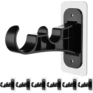 6 Pack No Drill Double Curtain Rod Bracket, Adhesive No Drilling Curtain Rod Holders, Damage-Free Stick Curtains Rods Hooks, Double Brackets Curtain Hangers for Wall(Black)