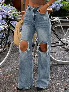 Women's High Waist Loose Fit Denim Jeans, Pants, Casual Street Style Streetwear, All Seasons Wear, Blue Color, Plain Design, Broken Hole Detail