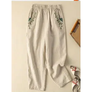 [Casual Cropped Pants] Lightweight Women's Casual Cropped Wide Leg Pants | Elastic Waistband, Geometric Embroidery Pattern, Beige Summer Trousers with Pockets Cotton Fabric Womenswear Bottom