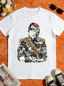 White T-shirt featuring a stunning collage of iconic moments, perfect for fans of timeless style and music history.