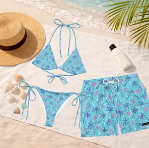 Breeze Tropical Palm Matching Swimwear 2026, Women's String Bikini & Men's Swim Trunks, Mint Blue Couple Swimsuits, Summer Beachwear, Honeymoon Vacation Outfit