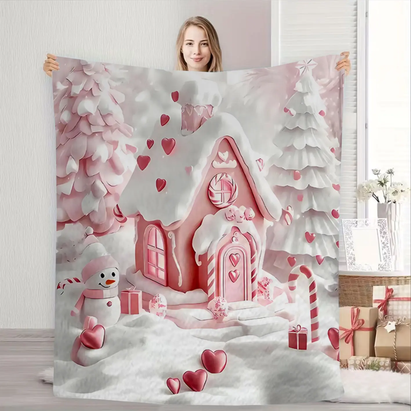 1 white blanket, pink small house pattern in the snow, suitable for air conditioning nap blanket, office blanket, camping blanket, gravity throw blanket; Suitable for various groups of people, sofa towels, living room decorations, car blankets;