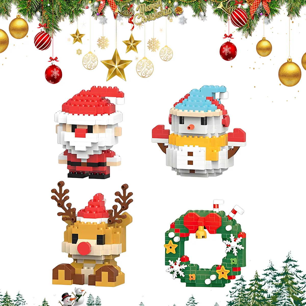 4 Pack Santa Claus Design Building Blocks Set, Christmas Theme Building Blocks Ornaments, Mini Building Figures, DIY Stocking Stuffers, Xmas New Year Birthday Gifts (Set A)