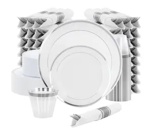 Elama 350 Pc Disposable Dinnerware Set for 50 in White Silver