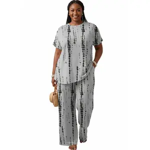 Plus Size  Women's Tie Dye Two Piece Set Casual Crew Neck Short Sleeve Top and Stretchy Pants Soft Comfortable Relaxed Fit Matching Outfit Black White Color Block Streetwear Lounge Set for Travel Vacation Everyday Wear Workout Fashion Clothes