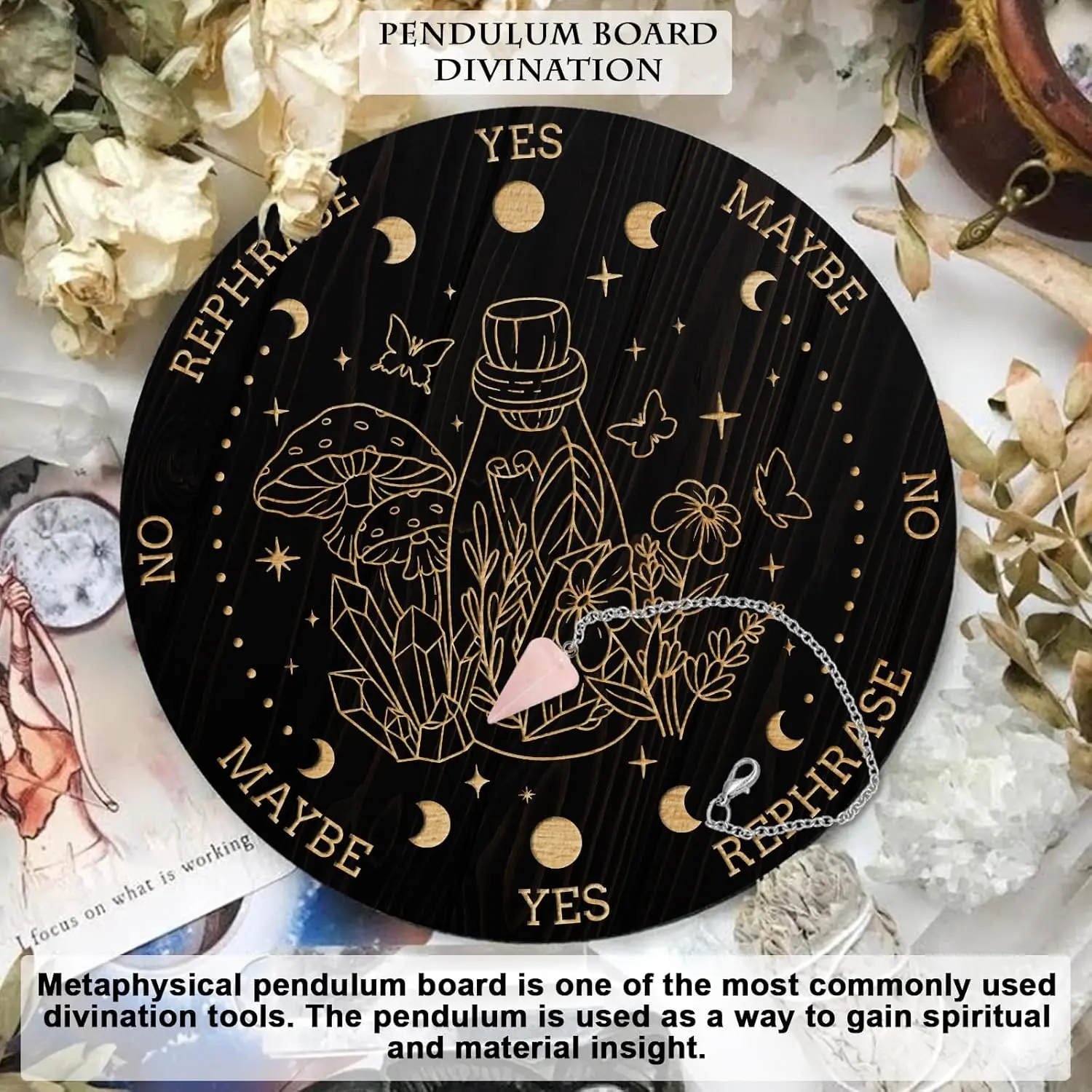 1 set of wooden divination board metaphysical message board, with crystal pendulum necklace, used for witchcraft altar supplies kit, spiritual altar decoration, mystical mysterious room decoration, Success, Health, Intuitive abilities