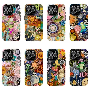 Whimsical Psychedelic Collage Smartphone Cover - Shockproof Protection for iPhones 7-16 & Galaxy S21-S24, Featuring Trippy Sun, Mushrooms, Dancing Animals, Frogs, Funky Retro Vibes - Mobile Device Accessories