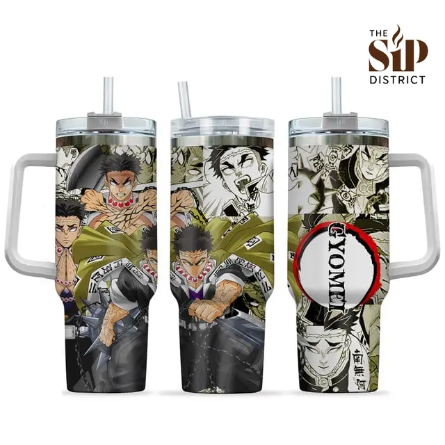 The Sip District. Gyomei Himejima 20oz 40oz Anime Tumbler – Stone Hashira Demon Slayer Stainless Steel Tumbler with Handle Option, Full Wrap Manga Artwork Insulated Coffee Cup, Kimetsu no Yaiba Travel Mug, Breakfast Travel Cup