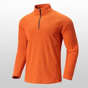 Men's Orange Waffle Half Zip Pullover Jacket - Fleece Lined, Thermal, Mock Neck Ideal for Outdoor Hiking & Layering