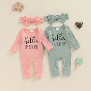 Im New Here Newborn Outfit Girl Long Sleeve Letter Romper Ribbed Knit Jumpsuit Baby Girl Preemie Coming Home Outfit