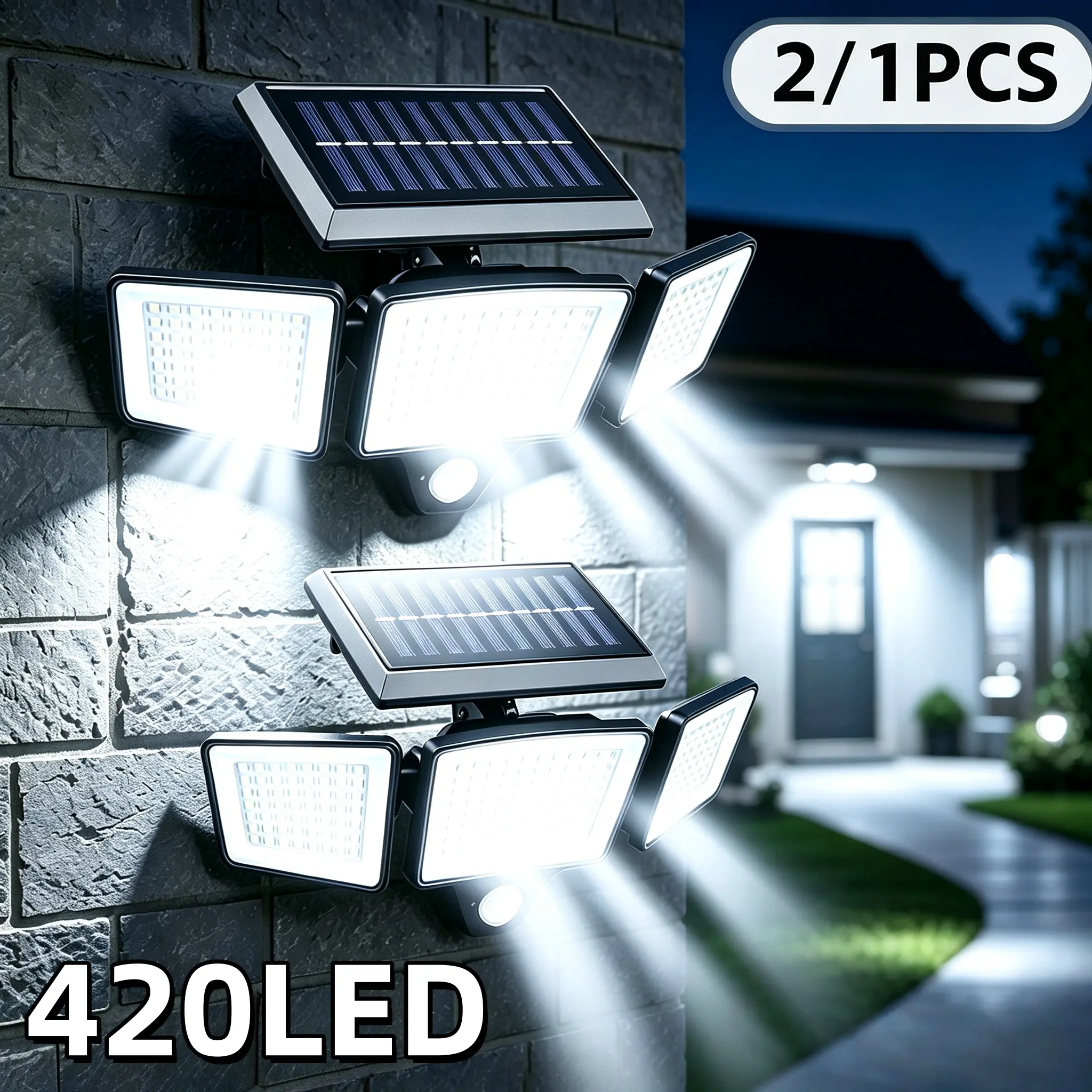 Solar Outdoor Security Lights - 2/1 Pack Options, 420/210 LED Motion Induction, 3 Heads with 270° Wide Angle, IP65 Waterproof, 3 Adjustable Modes, Suitable for Courtyards, Terraces, Garages