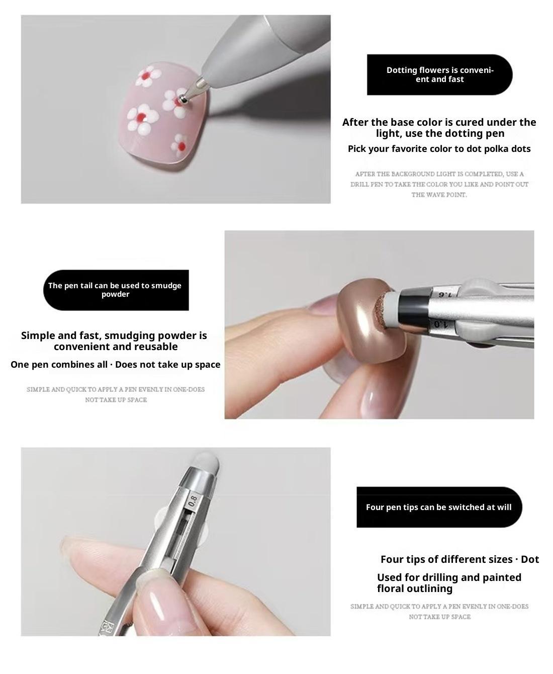 New nail bead pen five in one press type wave point pen can rub powder, draw multiple head drill pen nail tool