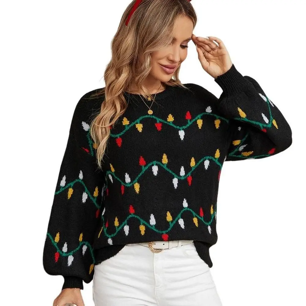 Coolmee Women's Casual Knit Sweater Crew Neck Batwing Sleeve Knit Top Loose Pullover Sweater Winter Clothes M Black Christmas, Polyester, Fabric, Garment, Ribbed, Drape, Fit