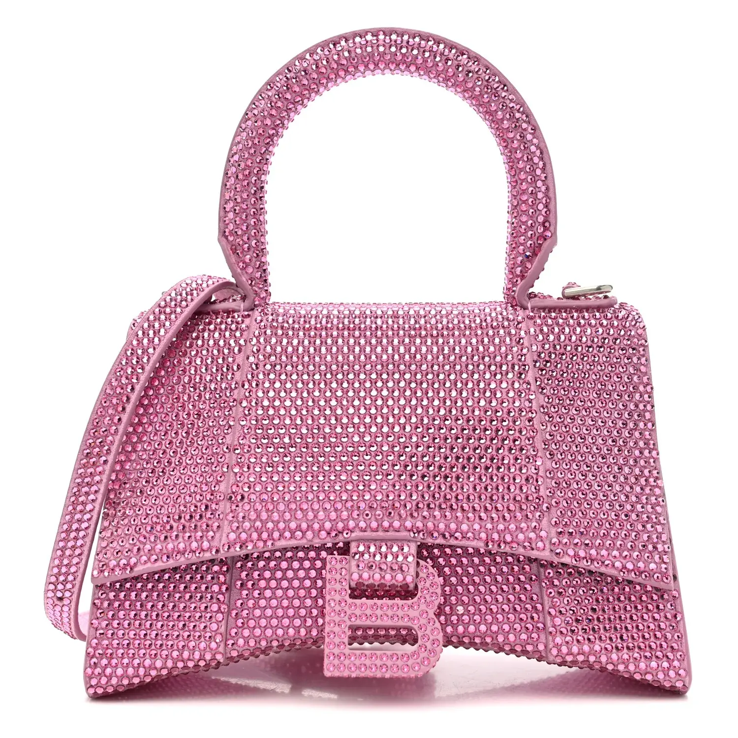 Pre-owned Balenciaga Calfskin Shoulder bags Strass Suede Hourglass Top Handle Bag XS Pink