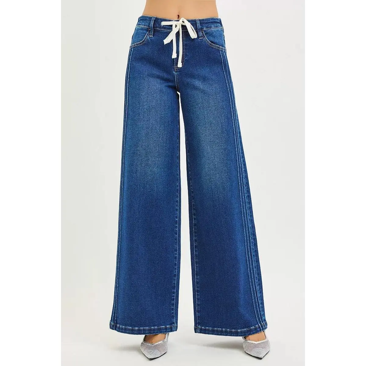 RISEN Full Size Mid Rise Wide Side Pintuck Jeans with Front Drawstring Plus Size