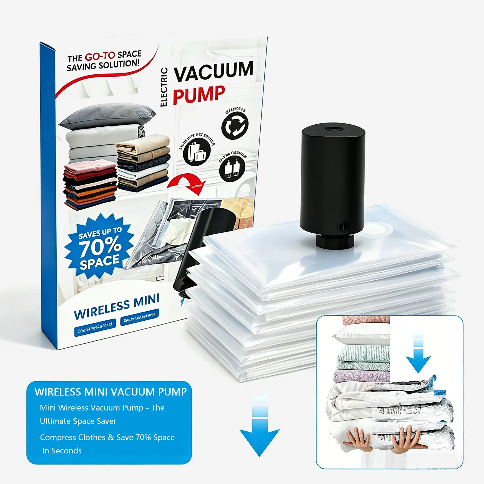 Wireless Mini Electric Vacuum Pump for Space Saving Storage Bags