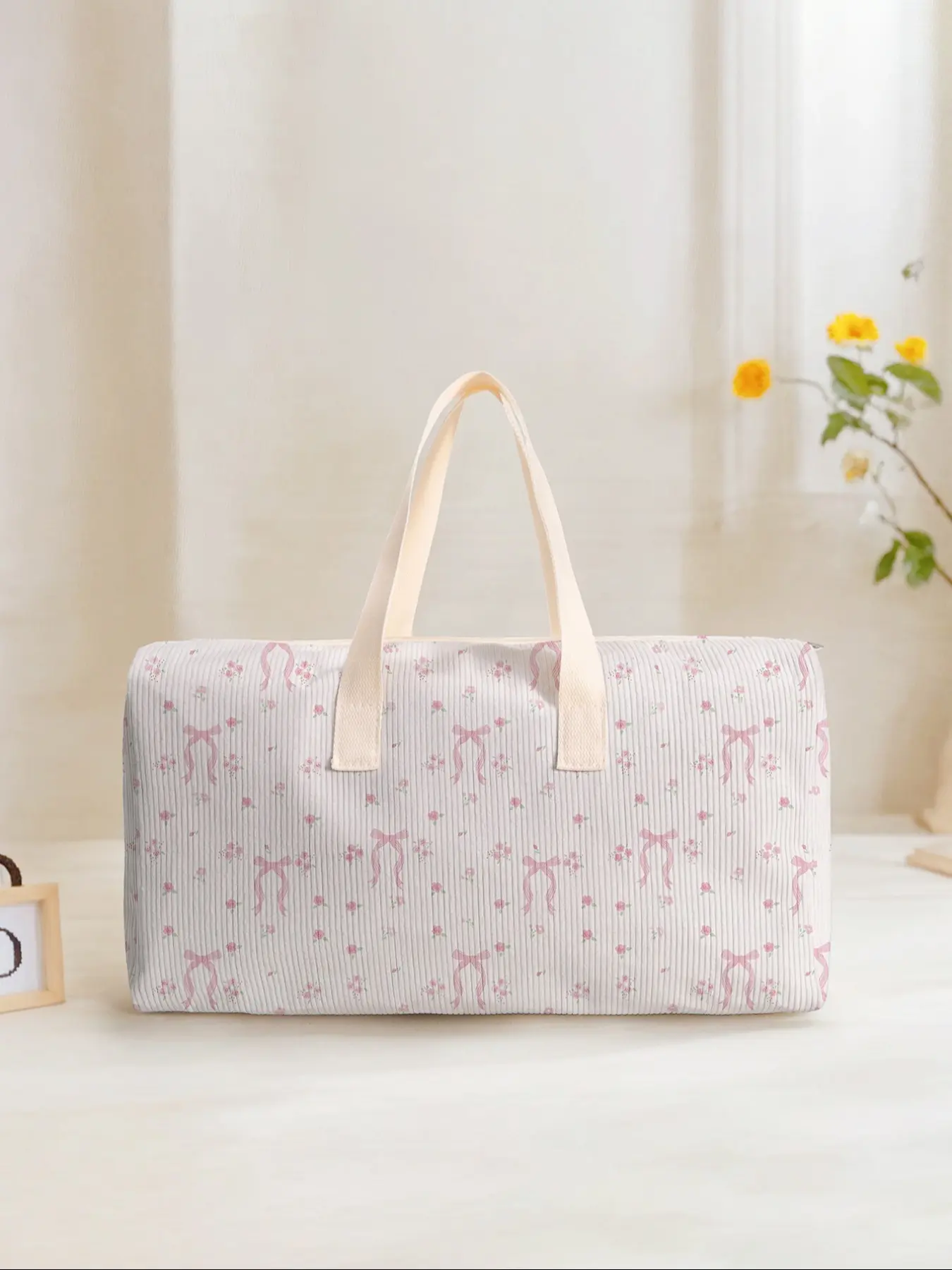Large Capacity Corduroy Travel Bag Luggage Backpack, Bow Pattern Printed, Casual Yoga Fitness Handbag, Ideal for Short Trips Weekend Outing Daily Commute, Multifunctional Travel Bag, Travel Duffle Bag, Travel Duffel Bag