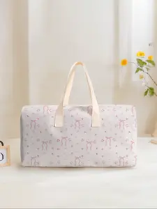 Large Capacity Corduroy Travel Bag Luggage Backpack, Bow Pattern Printed, Casual Yoga Fitness Handbag, Ideal for Short Trips Weekend Outing Daily Commute, Travel Duffle Bag