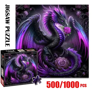 1pc 1000 piece adult puzzle 58x58cm Fantasy Dragon with Rose and Floral Background 500 pieces of paper puzzle, suitable for adults and families, large-scale DIY puzzle interactive toy games, birthd