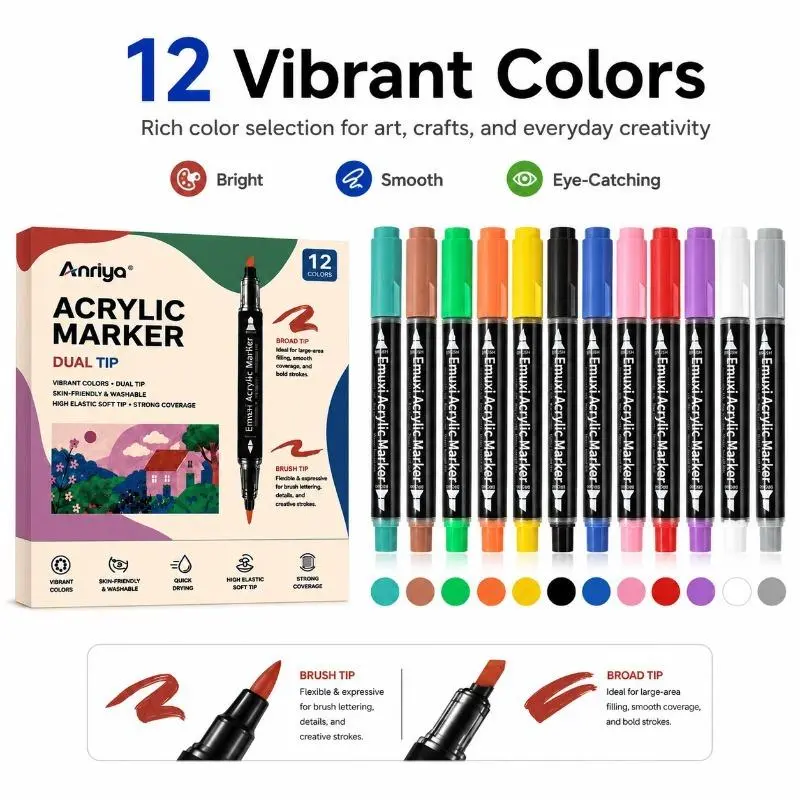 Back to school shopping-Dual Tip Acrylic Marker Set 12 Shades with Free Coloring Book, Broad Chisel Tip for Coloring Filling & Brush Tip for Precise Detailing, Multi-Surface Use on Rock Wood Canvas Paper, Great for DIY Handcrafts & Back-to-School Presents