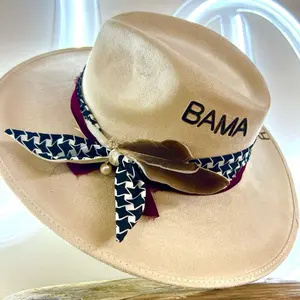 BAMA Game Day Hat Branded Roll Tide Roll with Houndstooth Hat Band Adorned with Feathers and Pearl Hat Pin