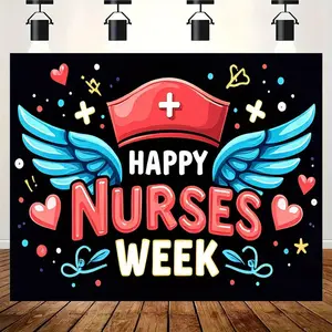 1pc Polyester Reusable Super Large Nurse Backdrop Banner - "Happy Nurses Week" Design with Caps, Wings, Colorful Medical-Themed Festive Decor for Photo Booths, Birthday Use