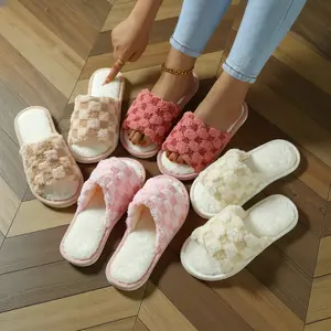 Women's Fuzzy Checkered Open-Toe Slippers – Cozy Plush Memory Foam Indoor House Shoes with Soft EVA Non-Slip Sole, Warm All-Season Comfy Bedroom Slides