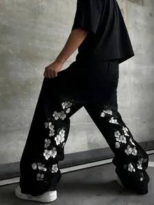 Y2K Floral Embroidered Jeans, Casual Loose-Fit Zipper Fly Denim Jeans, High Street Fashion Streetwear Versatile Long Jeans for All Seasons Streetwear Bottom