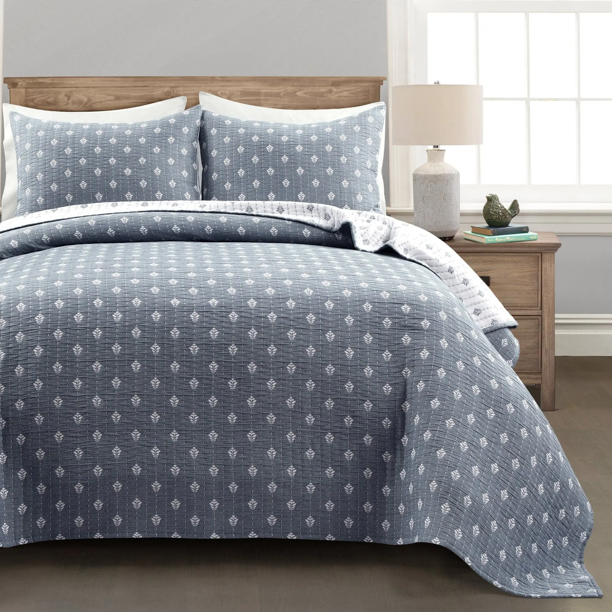 Lush Decor Hygge Kantha Pick Stitch Yarn Dyed Cotton Jacquard Quilt/Coverlet Set Full/Queen/King Sizes 3-Piece Reversible Soft Stripe All Season OEKO-TEX Certified