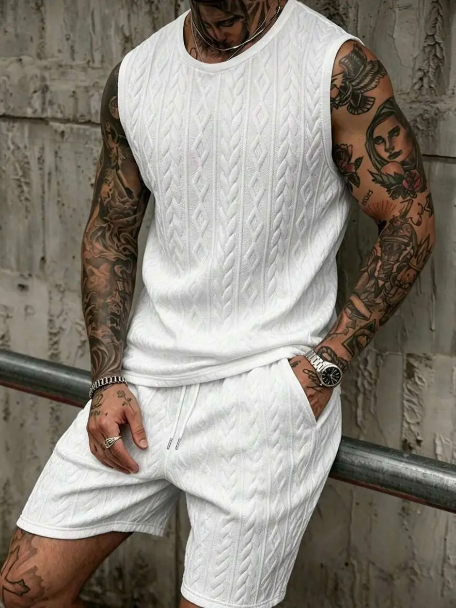 Men's 2 piece sets - Men's Cable Knit 2-Piece Set, Sleeveless Tank Top and Drawstring Shorts for Trendy Summer Vacation Wear men shorts summer clothing trending clothing trending clothes male clothing shorts for the summer men 2 piece sets Menswear Casual