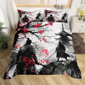 Japanese Samurai Duvet Cover,Japanese Ukiyoe Cherry Blossoms Home Decor Quilt Cover,Japanese-Style Bedspread Cover,No Comforter