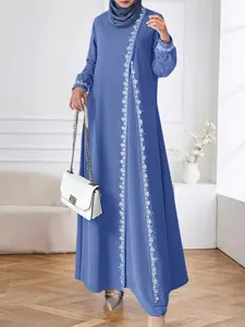 Women's Fashion Long Sleeve Round Neck Solid Color Casual Dress, Elegant Lace Trim Maxi Dress for Daily Wear & Special Occasions, Muslim Evening Dress