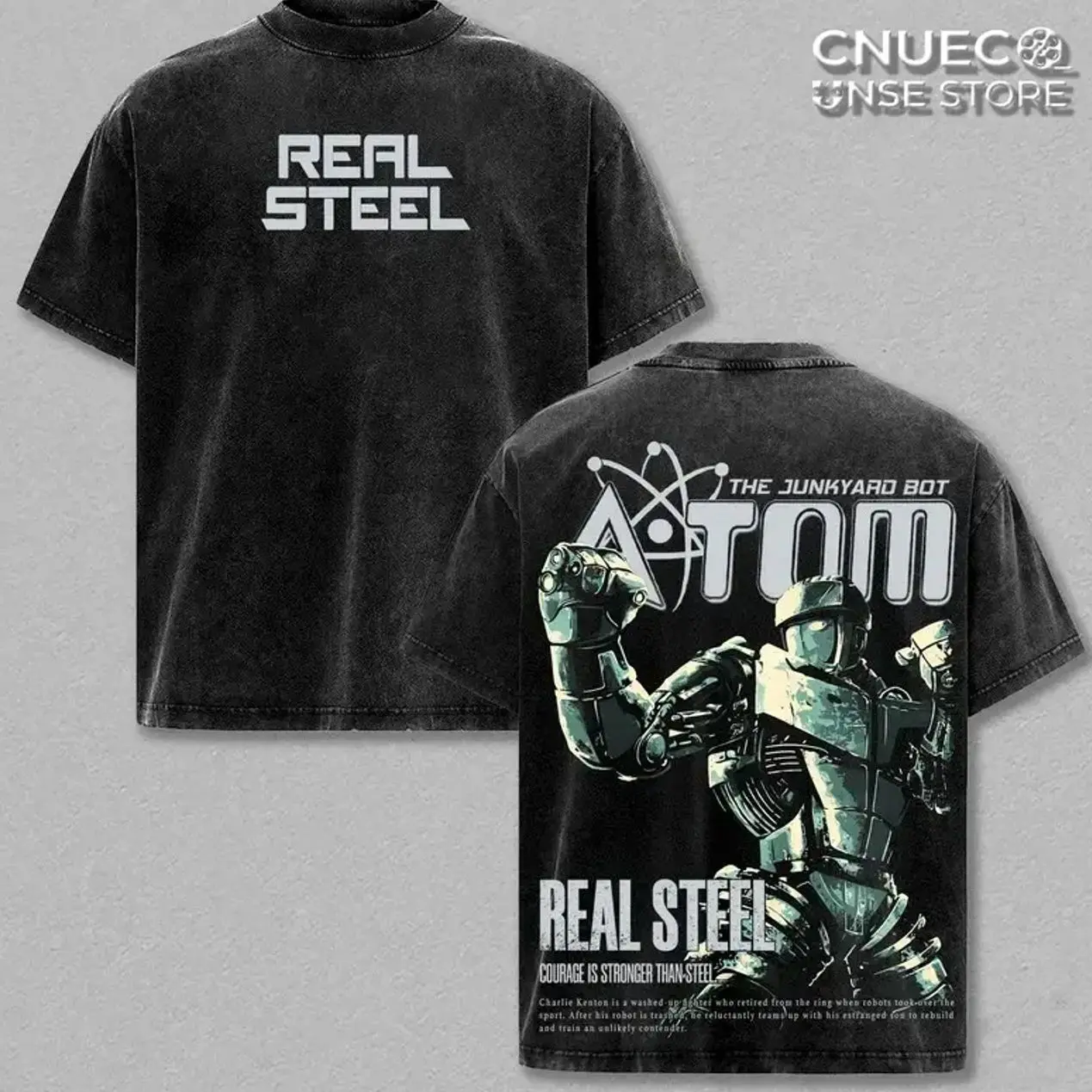 Atom – Real Steel Oversize Sci-Fi Graphic Tee, Acid Washed Heavy Cotton Shirt, Vintage Movie Streetwear, Unisex Casual Wear, Movie Merch, Robot Boxing T-Shirt Gift for Movie Fans 54Y
