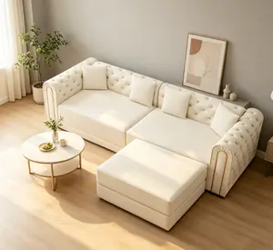 90.6-in 3-in-1 Convertible Sleeper Sofa, Modern Elegant 3-Seater Living Room Couch with Button Tufting, Gold Edge Trim, Movable Ottoman for Apartments