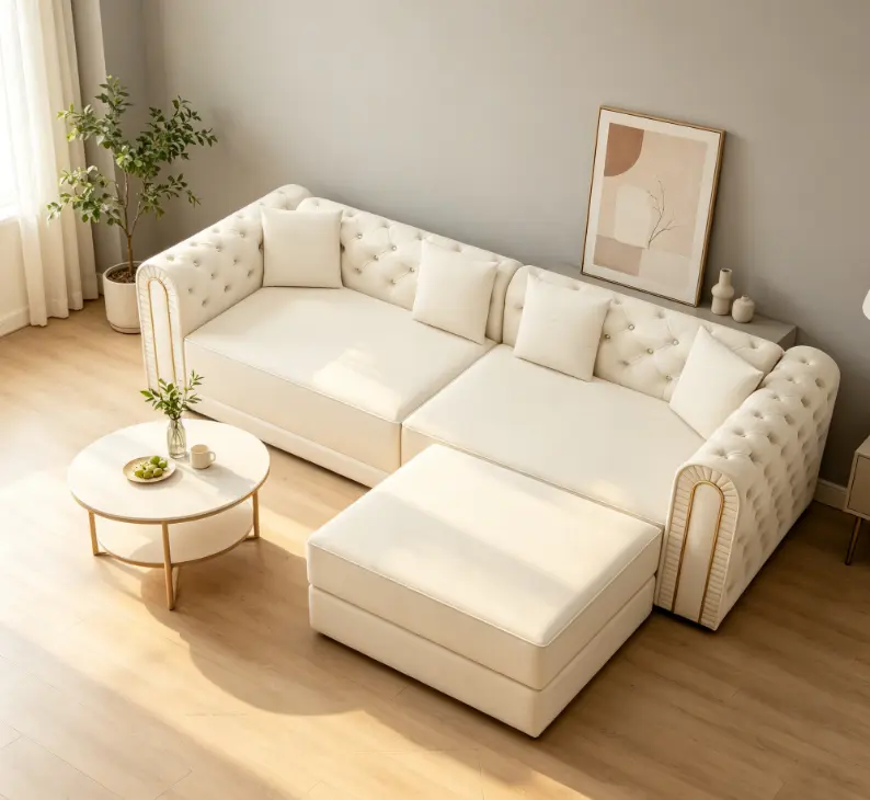 90.6-in 3-in-1 Convertible Sleeper Sofa, Modern Elegant 3-Seater Living Room Couch with Button Tufting, Gold Edge Trim, Movable Ottoman for Apartments