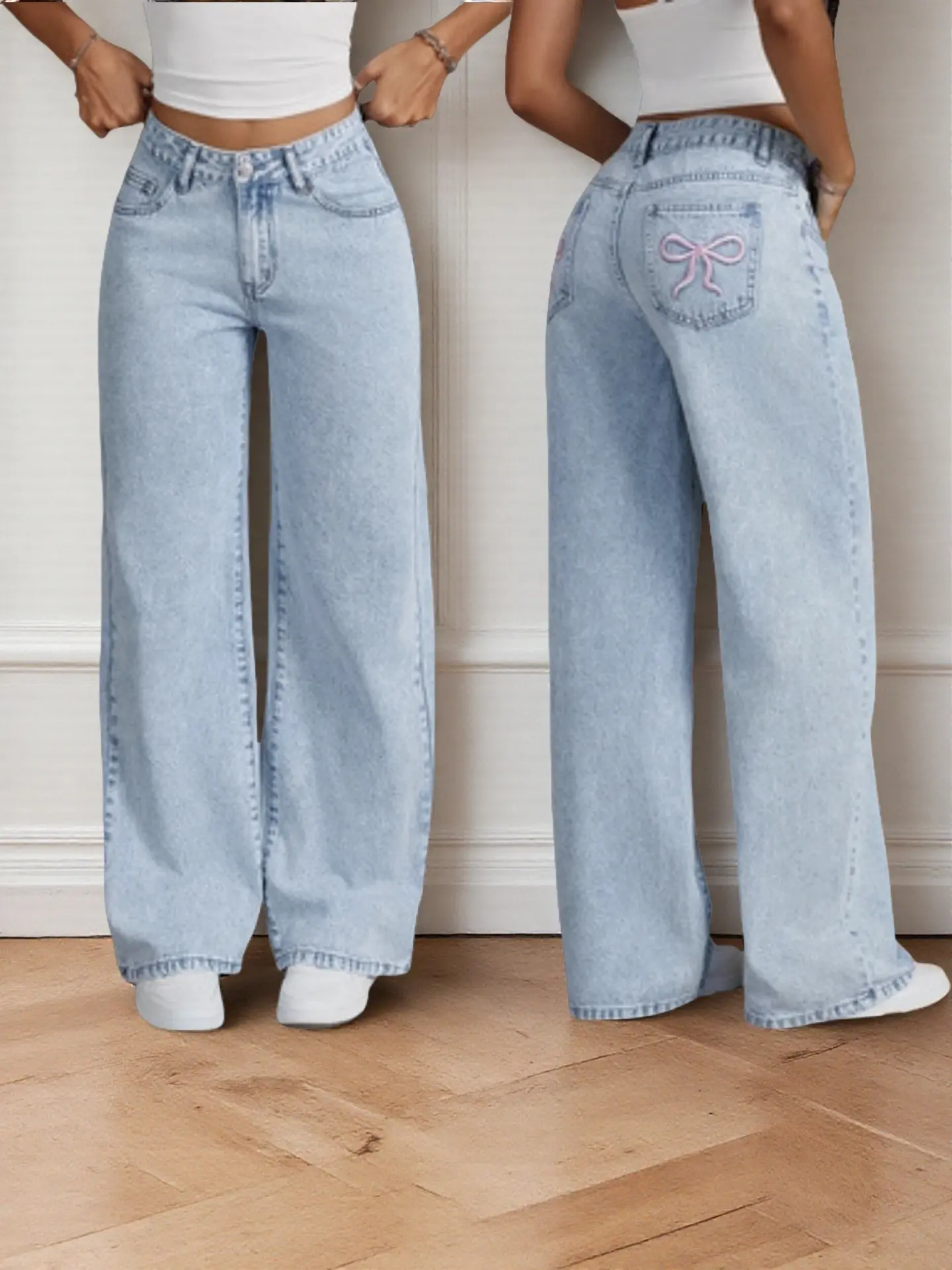 Teen Girls'Non-Stretch Denim-like Wide Leg Pants-Loose Fit Jeans look with Built-In Zipper Closure,for School Everyday Outfits- Machine Washable Teen Clothing,Jeans for Girls,Schoolwear,Decorative Bow Design,Faded Texture，Everyday Relaxed Long Pants