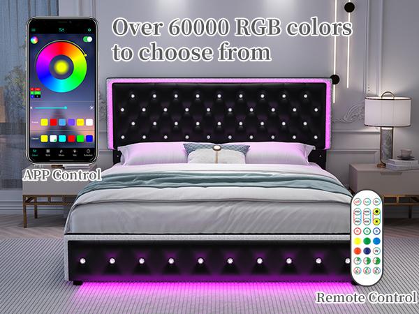 Queen Size Upholstered LED Bed Frame with Smart LED Lights,Storage Drawers &Crystal Tufted Headboard, Noise-Free, No Box Spring Needed,PU White