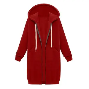 2024NewWomen'sZipUpHoodiesOversizedFleeceLongTunicSweatshirtsCasualLongSleeveFallHoodiePocketsSolidCoat