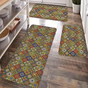2/3pcs kitchen anti slip carpet floor mat set, retro Bohemian floral pattern printed kitchen anti fatigue floor mat, soft and comfortable flannel washable kitchen floor mat, suitable for kitchen, dining room, laundry room, room decoration floor mat