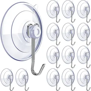 Suction Cup Hooks,15 PCS Clear Suction Cup for Glass Window Decor Shower Bathroom Glass Window Shower Kitchen,  PVC Cups with Removable Stainless Hooks, Assorted