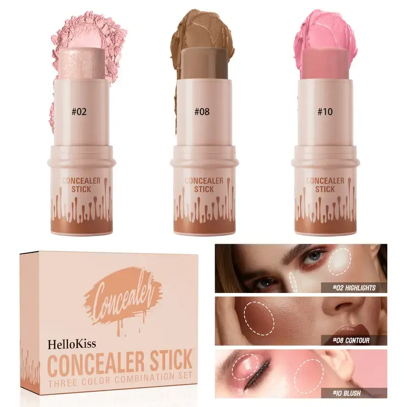 3-Piece Contour, Blush & Highlighter Stick Set, Long-Lasting Waterproof Cream Makeup with a Smooth Matte Finish for Daily Use on All Skin Types, Cosmetics, Natural Look, Christmas Gift, Youth, Water Resistant, #02 Highlights, Travel