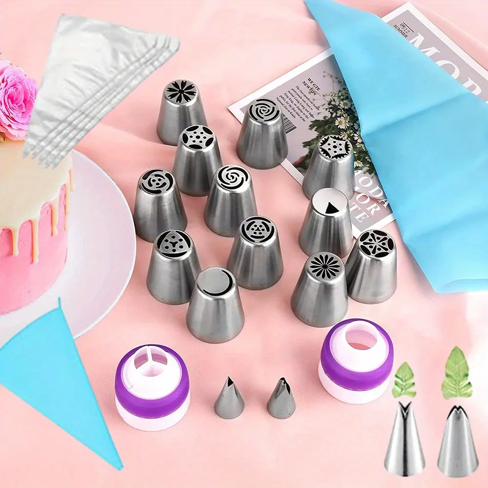 27Pcs/ Set Russian Frosting Piping Nozzle Set Stainless Steel Flower Cream Pastry Tips and Nozzles Bag Set Cupcake Cake Baking Tools Kitchen Utensils