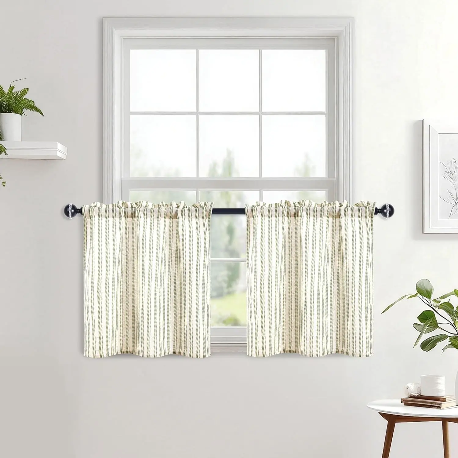 JIUZHEN Striped Linen Kitchen Curtains 2 Panels - Short Tier Drapes with Rod Pocket, Farmhouse Cafe Curtains for Small Windows 24 Inch Length, Vertical Striped Green