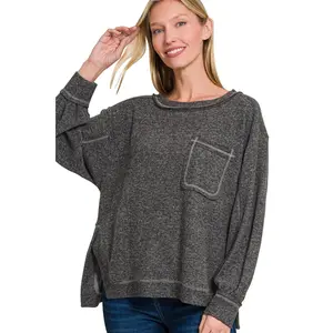 Zenana Brushed Hacci Hi-low Round Neck Knit Top