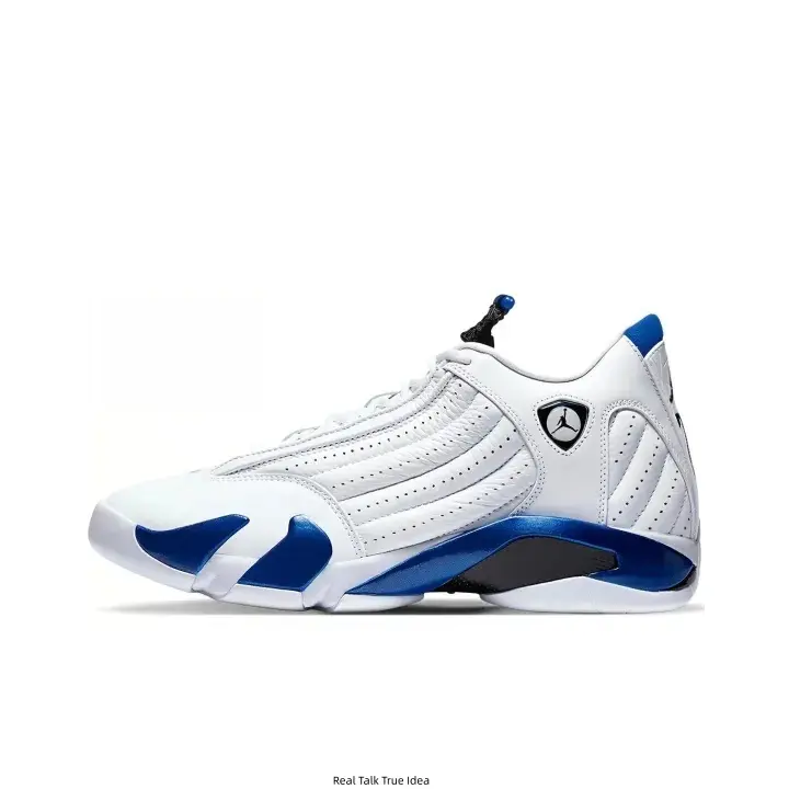 White‑Blue Retro Mid‑Top Basketball Sneakers, Smooth Perforated Leather Upper, Royal Blue Toe & Midsole Overlays, Shield‑Shaped Side Emblem, Blue Heel and Tongue Accents, Vintage Street‑Style Athletic Shoes for Men Women
