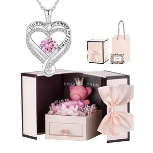 Heart Shaped Zircon Necklace with Rose Gift Box, Rhinestone Decor Necklace for Women & Girls, Fashion Jewelry for Party, Daily Decor, Trendy Jewelry for Birthday Gift, Valentine's Day, Gift for Her, Gifts for Girlfriend