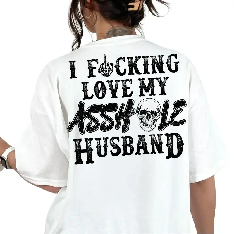 Women's Short-Sleeve Distressed Casual T-Shirt - Funny Wife Edgy Humor Oversized Graphic Top with Skull Back Print and Skeleton Hand Gothic Streetwear Design