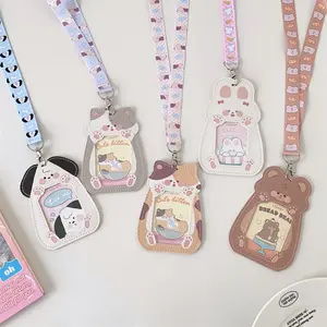 Cute Cartoon Animal Pattern ID Card Holder with Personalized Lanyard, 1 Count PU Leather ID Card Holder, Identification Badge Supplies for Office School