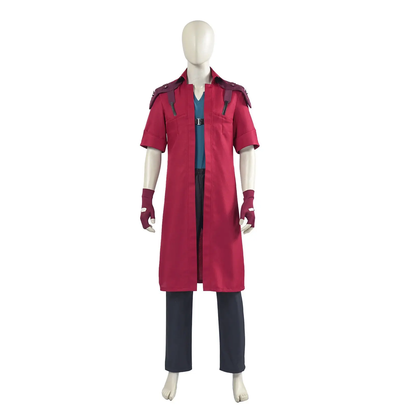 Men's Cosplay Costume Set - Menswear Demon Slayer Distressed Style with Faux Leather Harness, Crimson Long Coat, Stretch Flared Pants, Baroque Fabric Inspired by Gothic Baroque Art for Conventions, Stylish