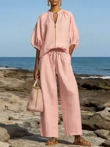 Women's 2 Piece Sweatsuit Half Zip Sweatshirt Wide Leg Sweatpants Tracksuit Cozy Travel Airport Outfit Lounge Set